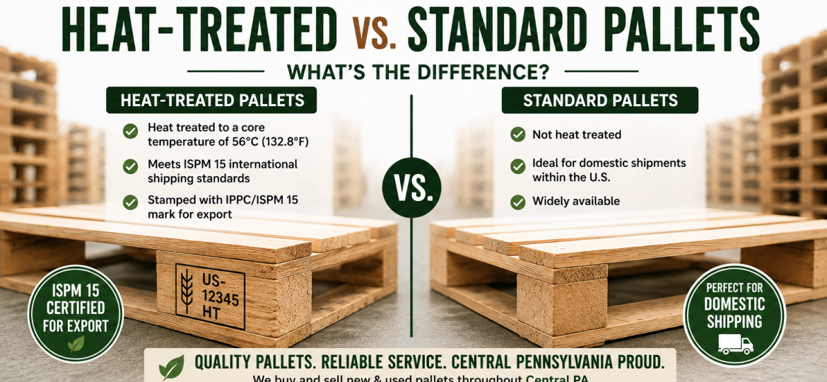 Infographic comparing heat-treated vs standard pallets with a central VS symbol and list of features on each side.