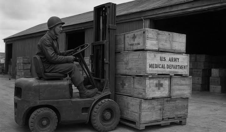 Soldier in a helmet drives a forklift moving wooden crates labeled'U.S. Army Medical Department' beside a warehouse.