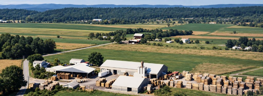 Aerial view of a rural lumberyard with stacked timber and large warehouse buildings surrounded by green fields and distant hills