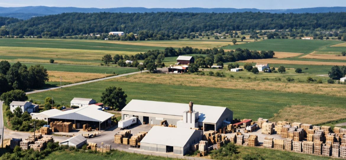 Aerial view of a rural lumberyard with stacked timber and large warehouse buildings, surrounded by green fields and distant hills.