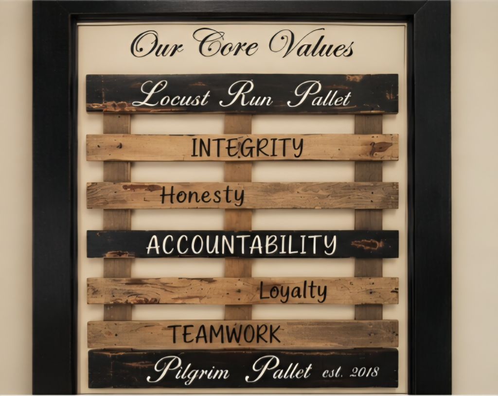 Framed rustic sign listing core values Integrity Honesty Accountability Loyalty Teamwork with Our Core Values heading